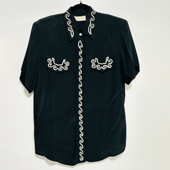 Cache Tops - Vintage Cache Blouse Black Embroidered White Trim Sz M Short Sleeve
